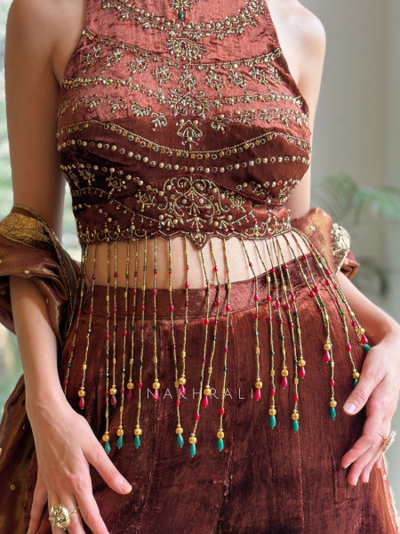Nazneen Brown Velvet Indo-Western Crop Top Palazzo