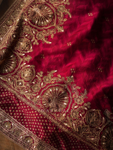 Virasat Maroon Crepe Saree with Heavy Embroidery and Readymade Blouse