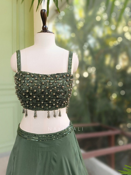 Sage Green Indo Western Lehenga with Pearl Embellished Blouse