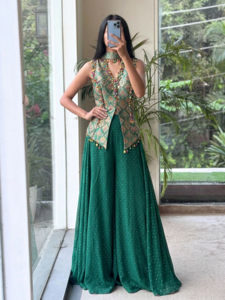 Jashn-e-Malhar  Green Brocade Silk Indo-Western Palazzo Set