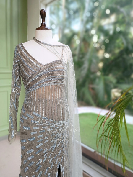 Cove Grey Illusion Net & Satin Gown