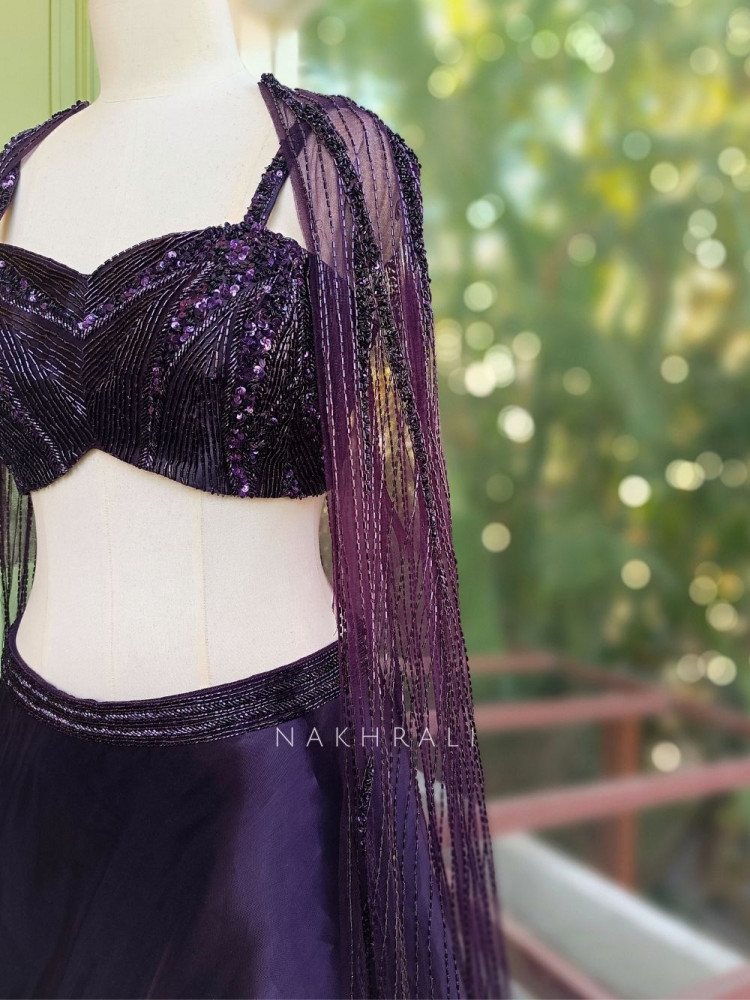 Image of Roshira Wine Indo-Western Lehenga Set with Cut Dana and Sequin Work