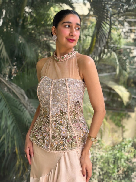 Roséa Peach Floral Sequin Corset Skirt Ensemble