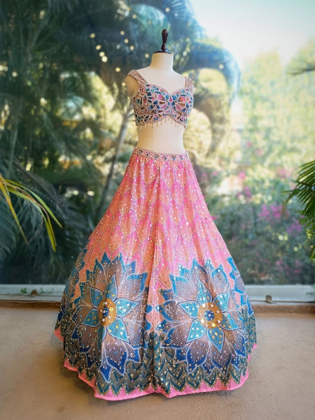 Azmira Blue Pink Floral Lehenga Set with Sequin and Bead Work