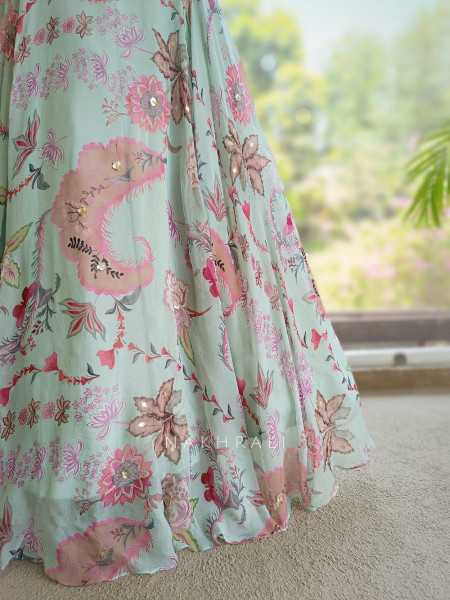 Pushpanchal Sky Blue Lehenga Set with Floral Print and Sequin Work