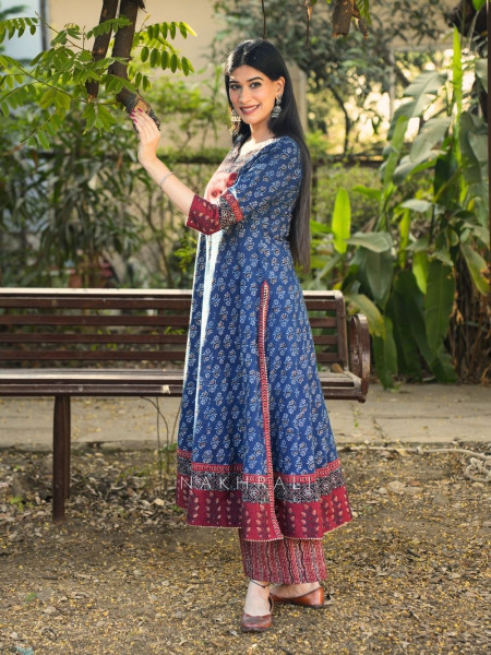 Noori Blue Cotton Flared Kurta Pant Set