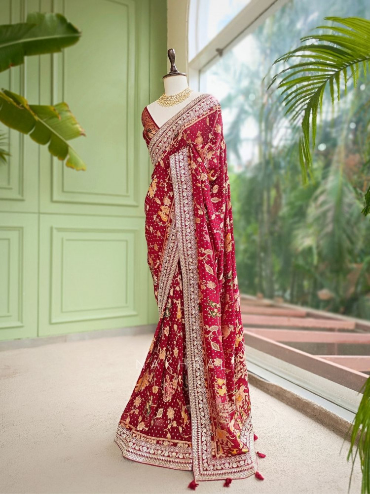 Image of Rivayat-e-Aroos Maroon Saree With Heritage Motif Border Work