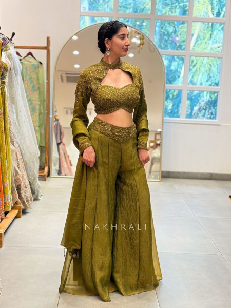 Nyra Green Indo-Western Palazzo Set with Embroidered Jacket Detail