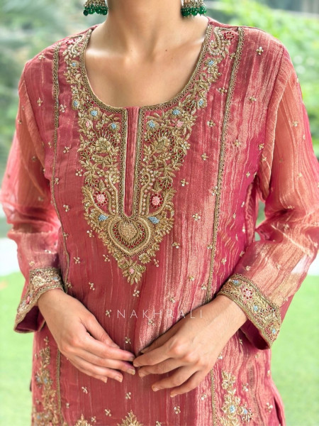 Mrinalika Peach Metallic Tissue Silk Suit Set