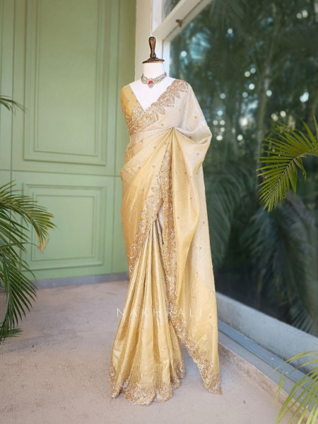 Vilasya Golden Beige Saree with Cut Dana Sequin Work