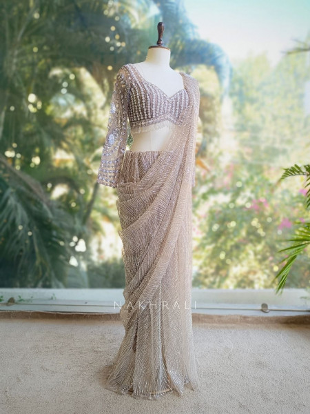 Silver Drift Grey Sequin Saree with Cape