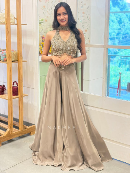 Avelyn Grey Crop Top Palazzo Set with Sequin & Cut Dana Work