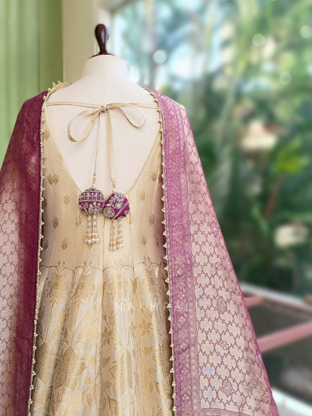 Elegant Ombre Cream Banarasi Silk Anarkali Suit Set with Border & Potli Bag