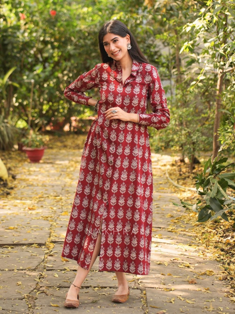 Image of Rihana Maroon Cotton Block Printed Button-Down Dress