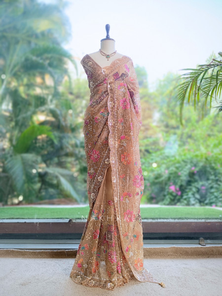 Noor-e-Afsanah Brown Organza Saree with Royal Elephant Motifs