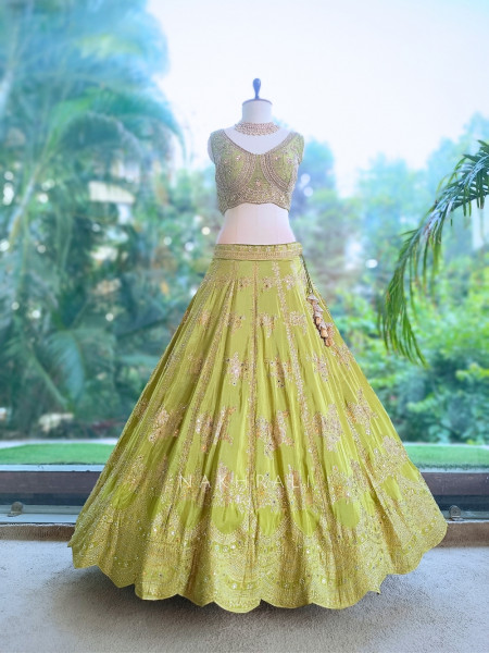 Pank Parrot Green Banarasi Silk Lehenga Set With Sequin Floral & Paisley Work