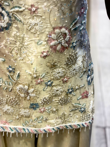 Noirvi Cream Chinon Kurta Palazzo Set with Cut Dana Sequin Work
