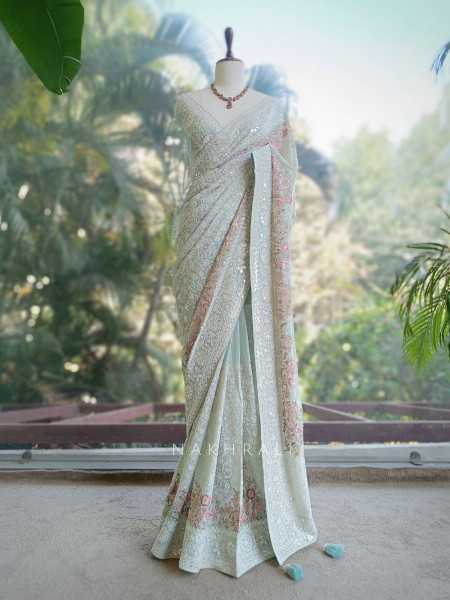 Ecru Grace Sea Green Embroidered Elegance Saree with Sequin Detailing