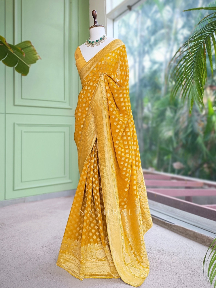 Image of Gulzaar Mustard Banarasi Silk Saree with Brocade Pallu