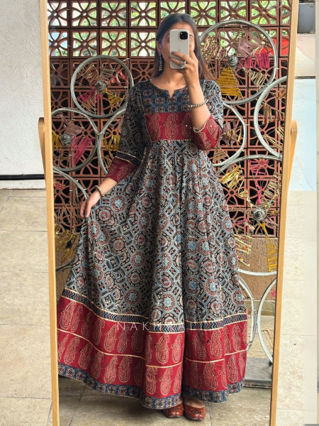 Noor Rust Indigo Printed Anarkali Dress with Border Detail