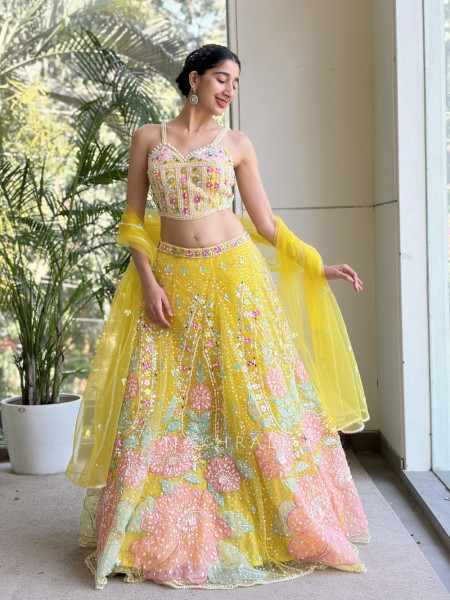 Evara Yellow Sequin & Bead Embellished Lehenga Set