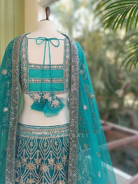 Gulnaar Firozi Lehenga Set with Mirror, Beads and Heavy Embroidery