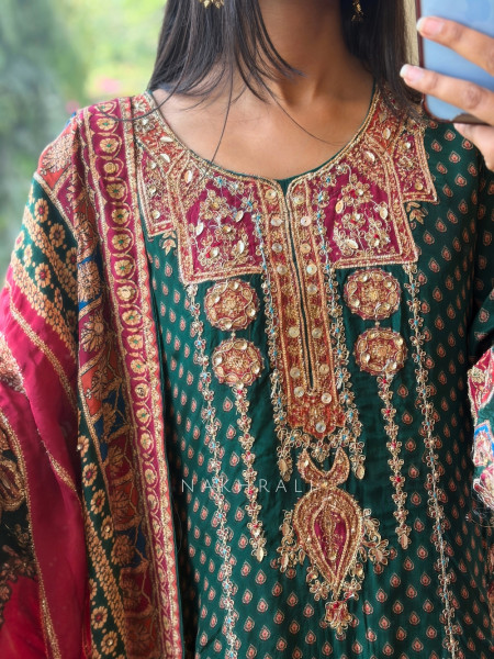 Aura-Miyan Green Crepe Silk Farshi Suit Set