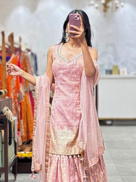 Blush Pink Brocade Gharara Suit Set with Tassels