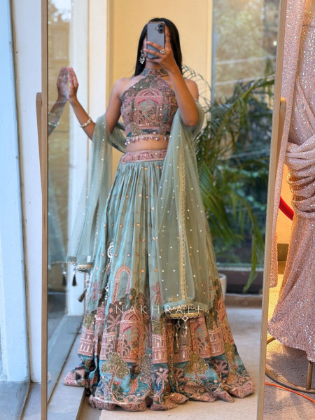 Jharokha Tales Sea Green Lehenga with Pichwai-Inspired Embroidery