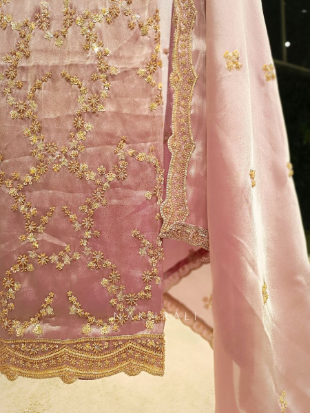 Vanilla Hue Onion Pink Tissue Dress Material with Sequin & Cut Dana Work