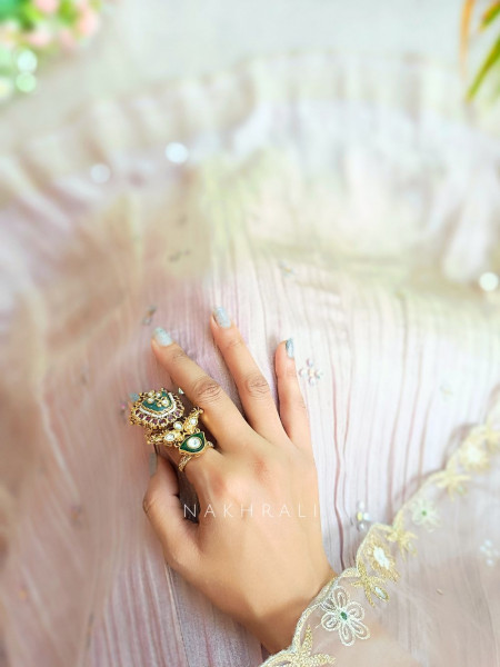 Meherbano Dual Motif Kundan Ring with Green Enamel