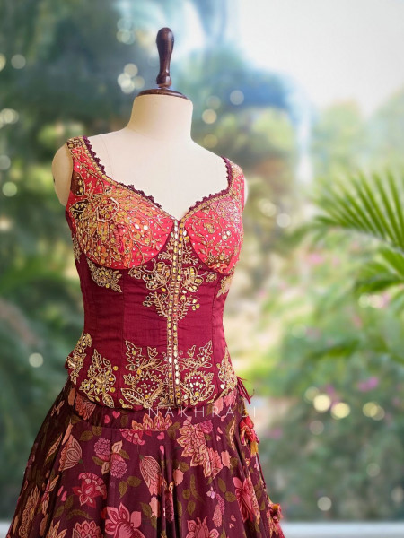 Crimson Bloom Georgette Corset Lehenga with Sequin Embroidery