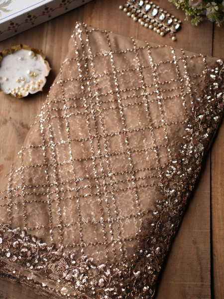 Suhana Brown Handworked Net Saree with Readymade Blouse