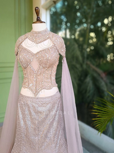 Averin Grey Mermaid Lehenga with Sequin and Cut Dana Work