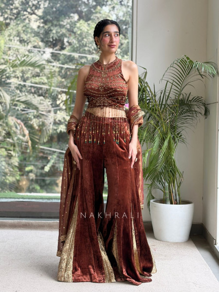 Nazneen Brown Velvet Indo-Western Crop Top Palazzo