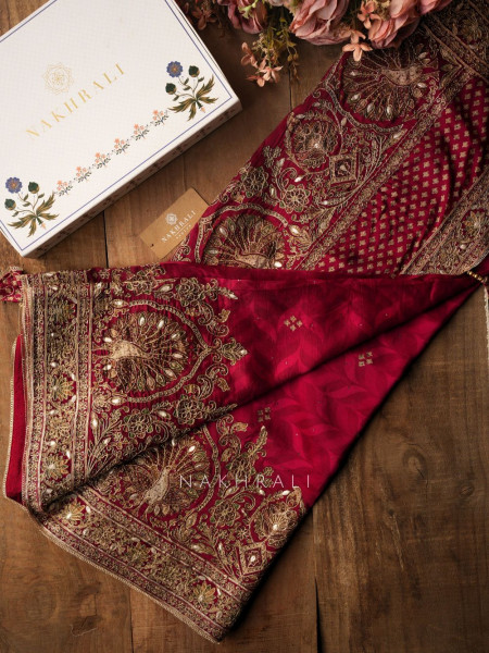 Virasat Maroon Crepe Saree with Heavy Embroidery and Readymade Blouse
