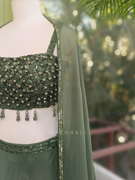 Sage Green Indo Western Lehenga with Pearl Embellished Blouse