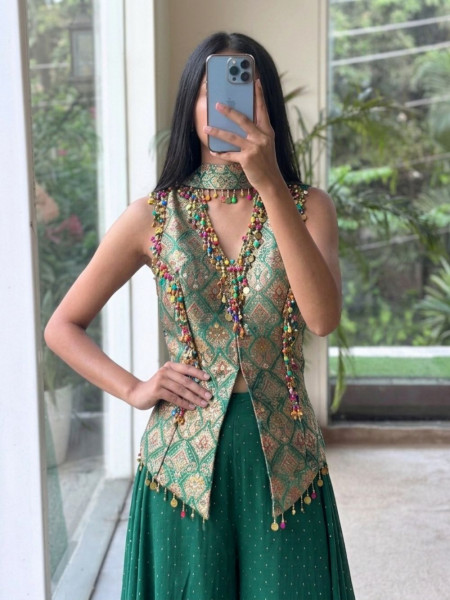 Jashn-e-Malhar  Green Brocade Silk Indo-Western Palazzo Set