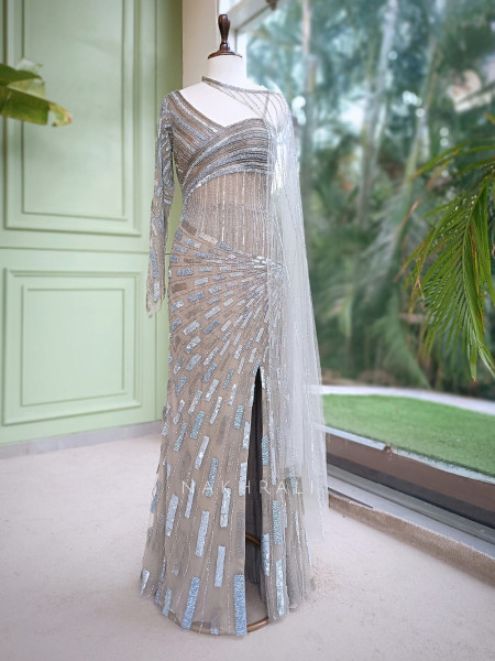 Cove Grey Illusion Net & Satin Gown