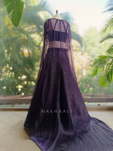 Roshira Wine Indo-Western Lehenga Set with Cut Dana and Sequin Work