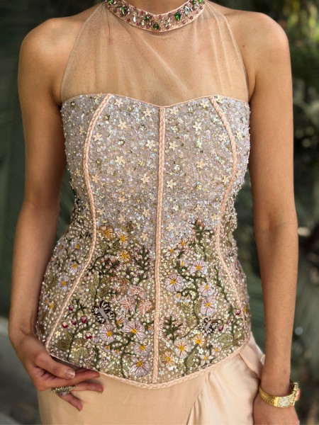 Roséa Peach Floral Sequin Corset Skirt Ensemble