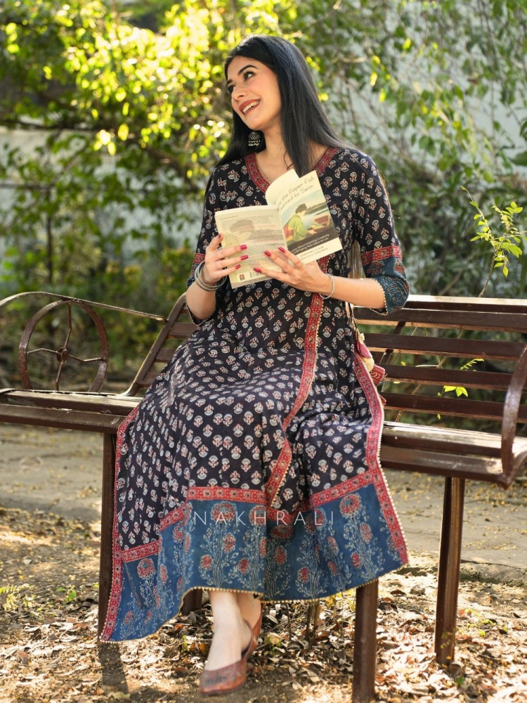 Image of Umrao Black Angrakha Cotton Kurta