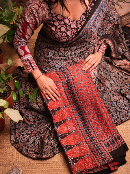 Darpan Ajrakh Modal Silk Red Saree