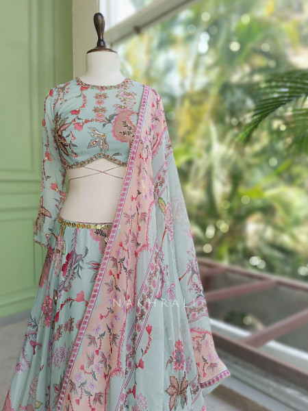 Pushpanchal Sky Blue Lehenga Set with Floral Print and Sequin Work