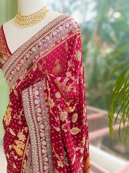 Rivayat-e-Aroos Maroon Saree With Heritage Motif Border Work
