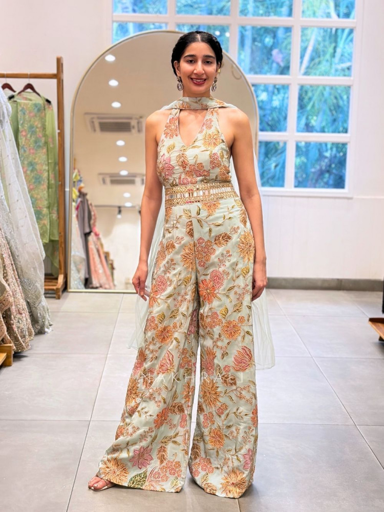 Image of Kiara Pista Green Jumpsuit with Floral Zari Work