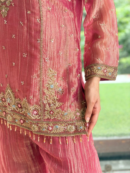 Mrinalika Peach Metallic Tissue Silk Suit Set