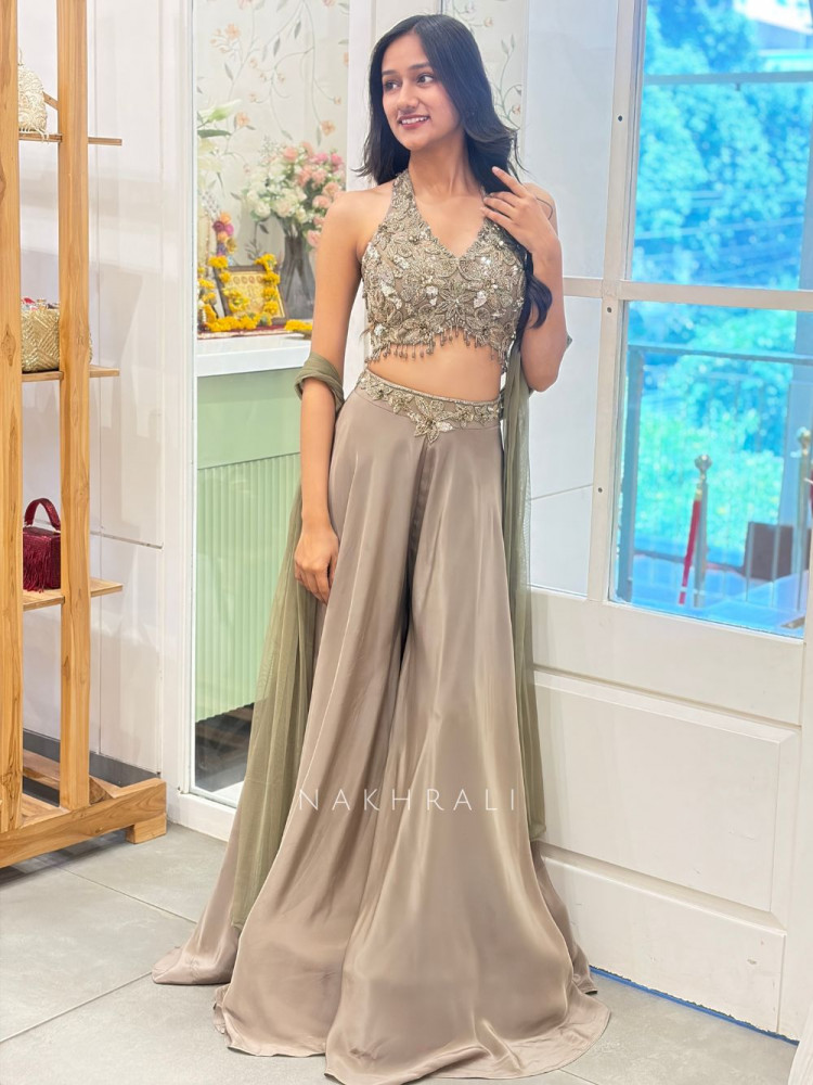 Image of Avelyn Grey Crop Top Palazzo Set with Sequin &amp; Cut Dana Work