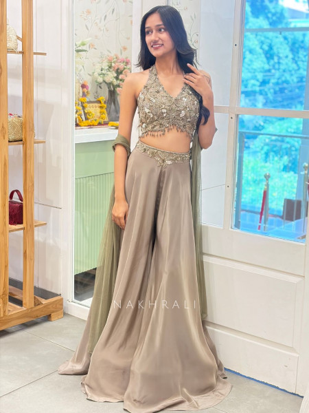 Avelyn Grey Crop Top Palazzo Set with Sequin & Cut Dana Work