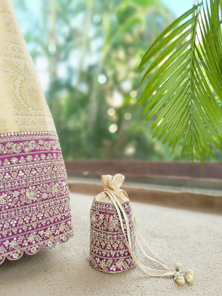 Elegant Ombre Cream Banarasi Silk Anarkali Suit Set with Border & Potli Bag